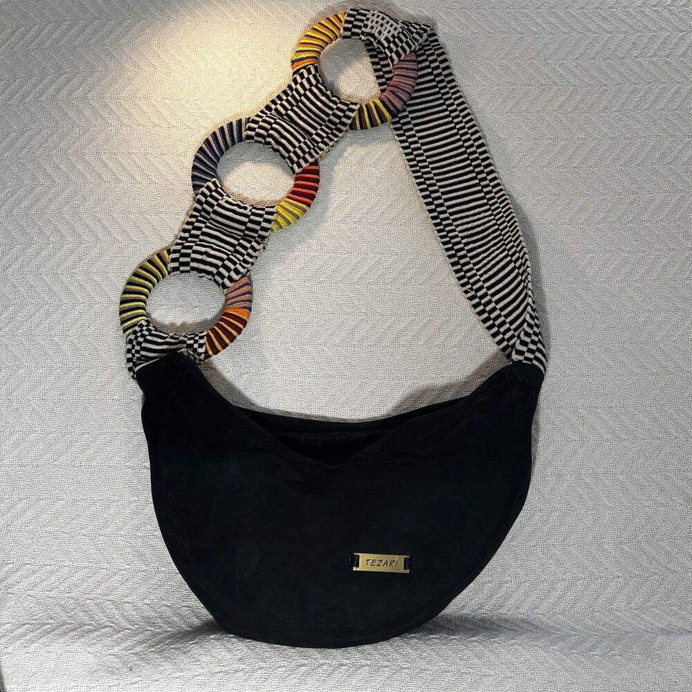 TEZARI Black Suede L Hobo Bag Slouchy Leather Purse Boho Guitar Strap Crossbody